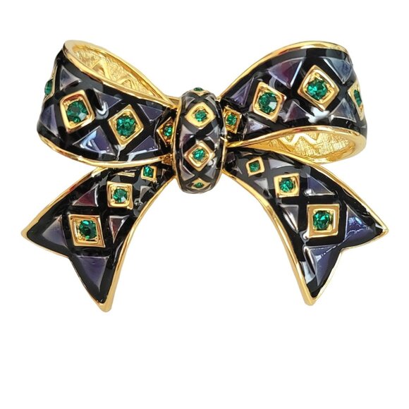Joan Rivers Blue Black Enamel Green Rhinestone Bow Brooch, Signed M175 - Picture 1 of 10